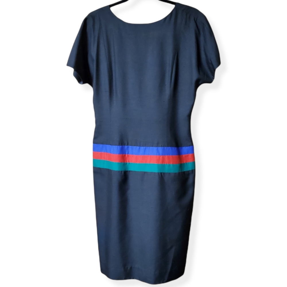 Nipon Boutique Navy Blue VTG 100% Silk Cocktail Dress Low Back Size 6